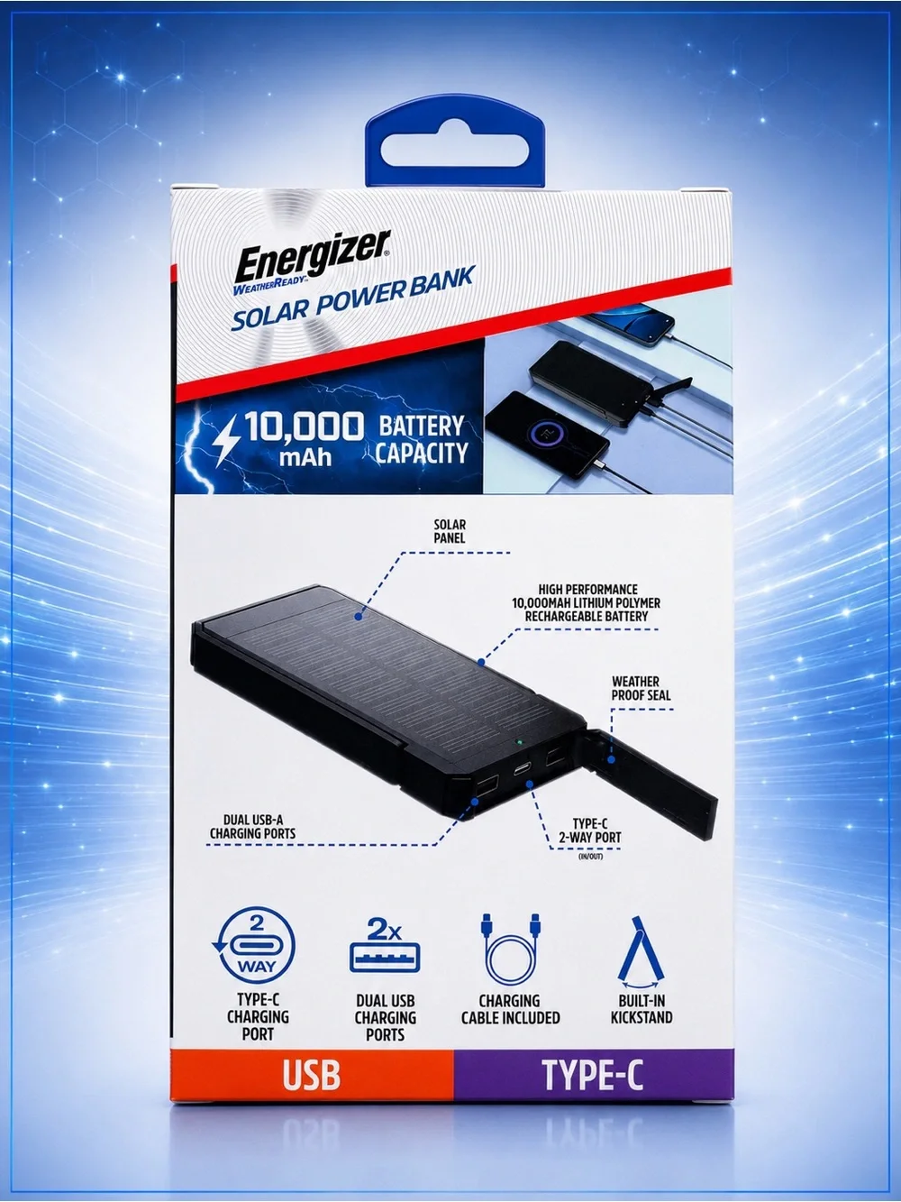 Energizer Black WeatherReady Solar Power Bank - 10,000mAh, USB & Type-C